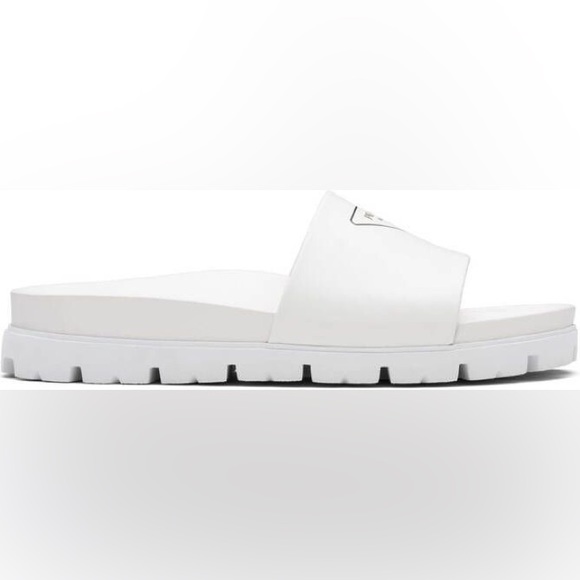 Prada Men’s silkscreen logo print slides sandals White leather New US 12 & 12.5 - Picture 4 of 14